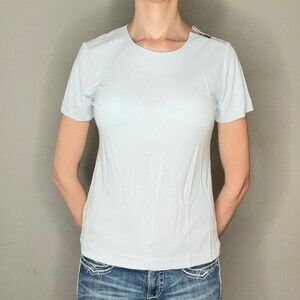 Ann Taylor Women's Zip Shoulder Scoop Neck Blouse Light Blue Small